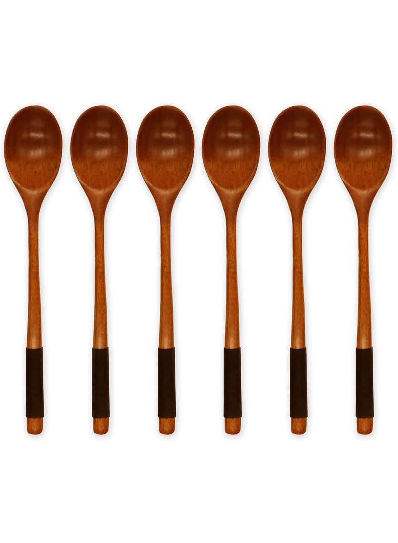 Japanese Style Wooden Long Handle Coffee Soup Spoon 6 Pieces