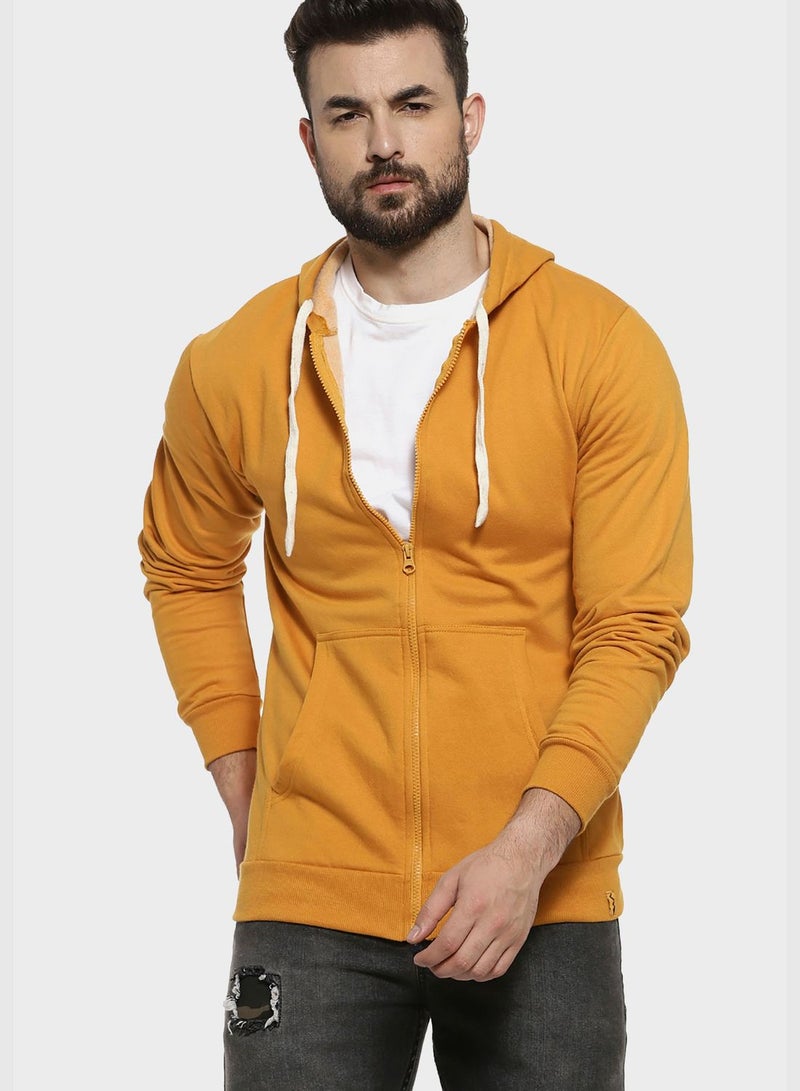 Men Yellow Solid Hooded Sweatshirt