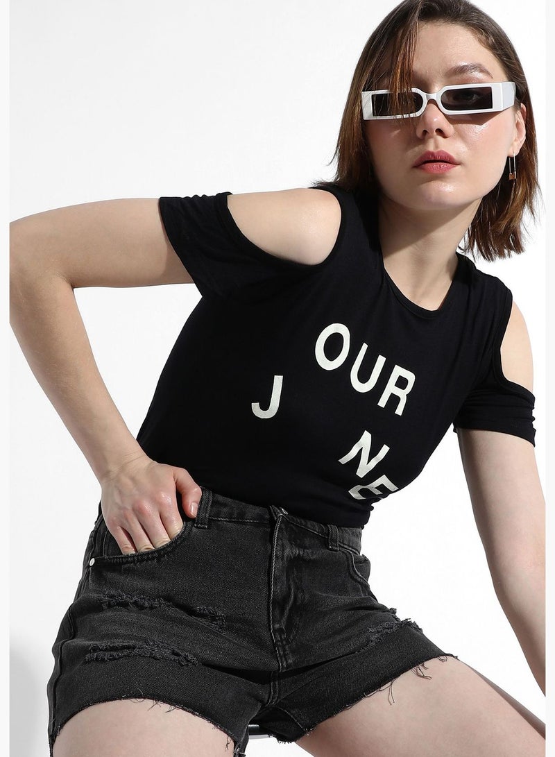 Women's Black Printed Regular Fit Top