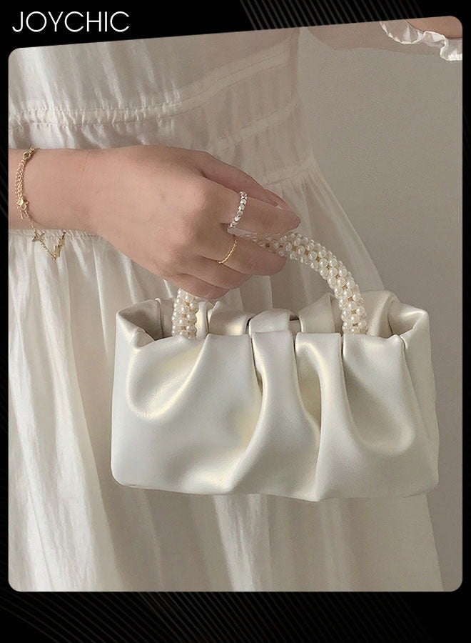 Beatfull Evening Purse Women Pearl Handbags Soft Leather Ruched Bag Bridal Clutch for Wedding Party Prom Crossbody Purses