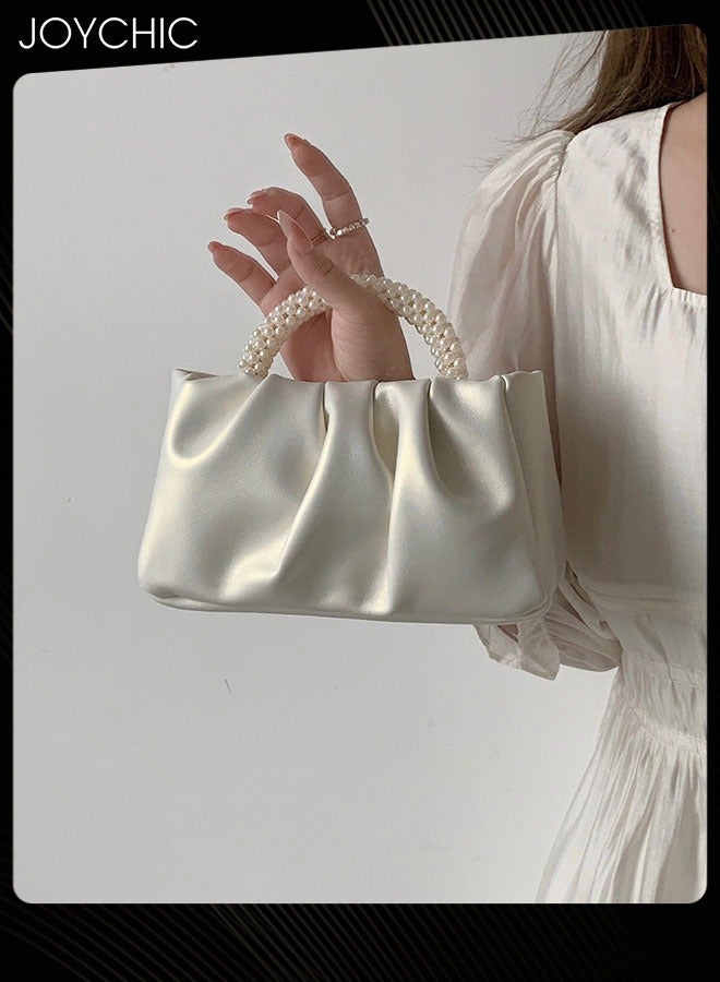 Beatfull Evening Purse Women Pearl Handbags Soft Leather Ruched Bag Bridal Clutch for Wedding Party Prom Crossbody Purses