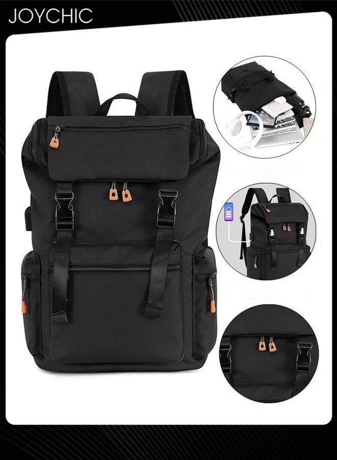 Large Capacity Business Travel Hiking Camping Backpack Waterproof Multifunctional Laptop Backpack with USB Charging Port for Men School Students Black