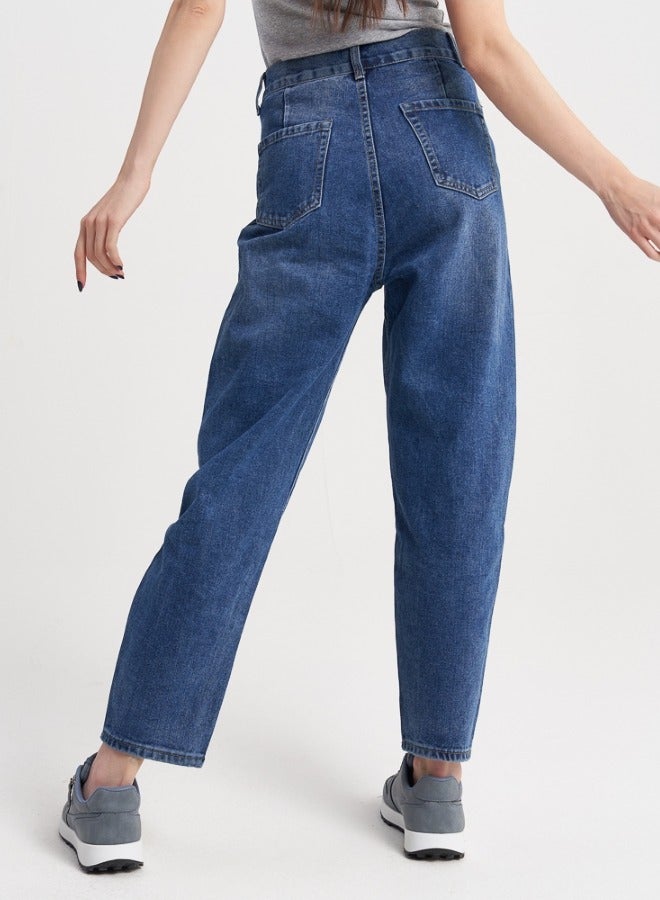 High-Waisted Pleated Jeans - Blue