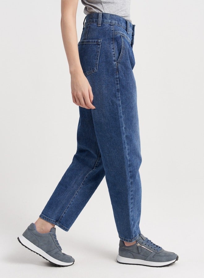 High-Waisted Pleated Jeans - Blue