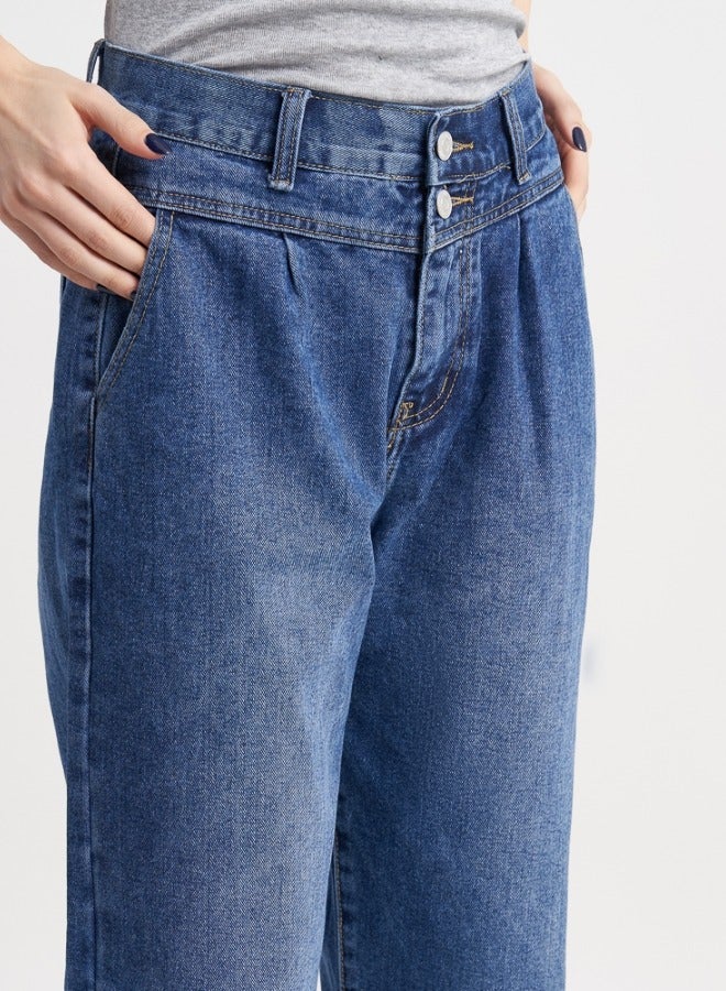 High-Waisted Pleated Jeans - Blue