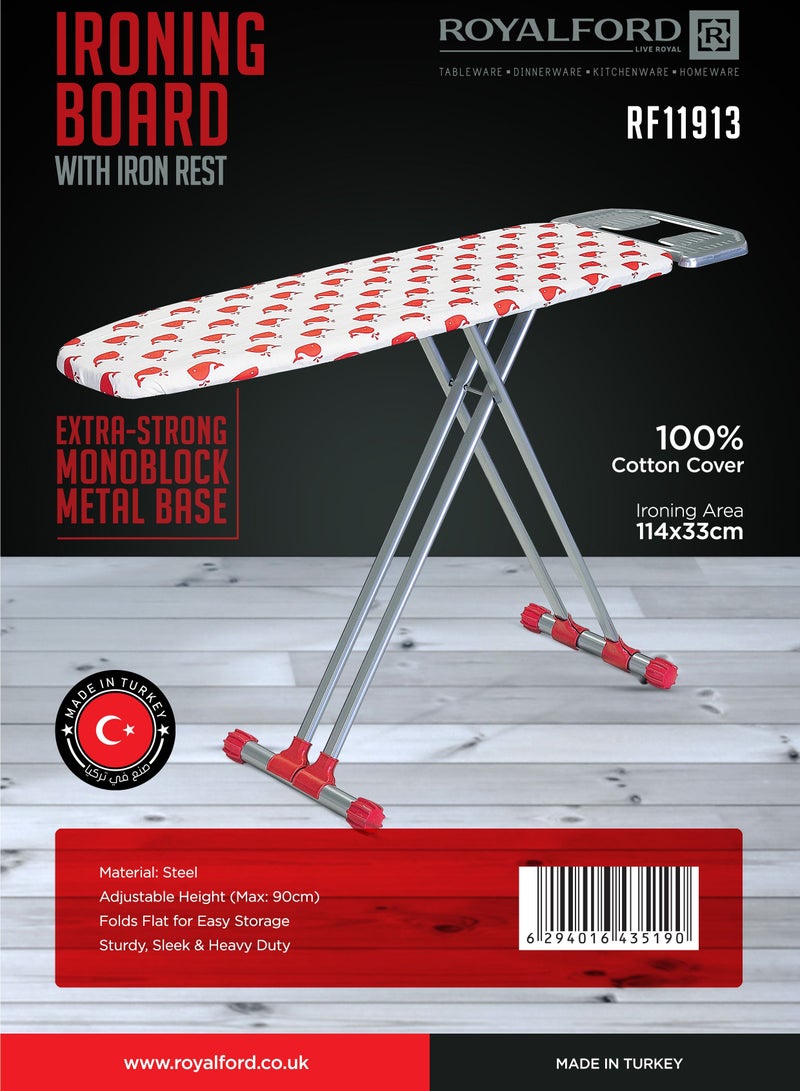 Royalford Ironing Board- RF11913| 114x33 CM, Ironing Table with Steel Frame| With Adjustable Height Mechanism| Heat Resistant Cotton Cover and Iron Rest| Perfect for Home, Apartments, Hostels, Etc.| W