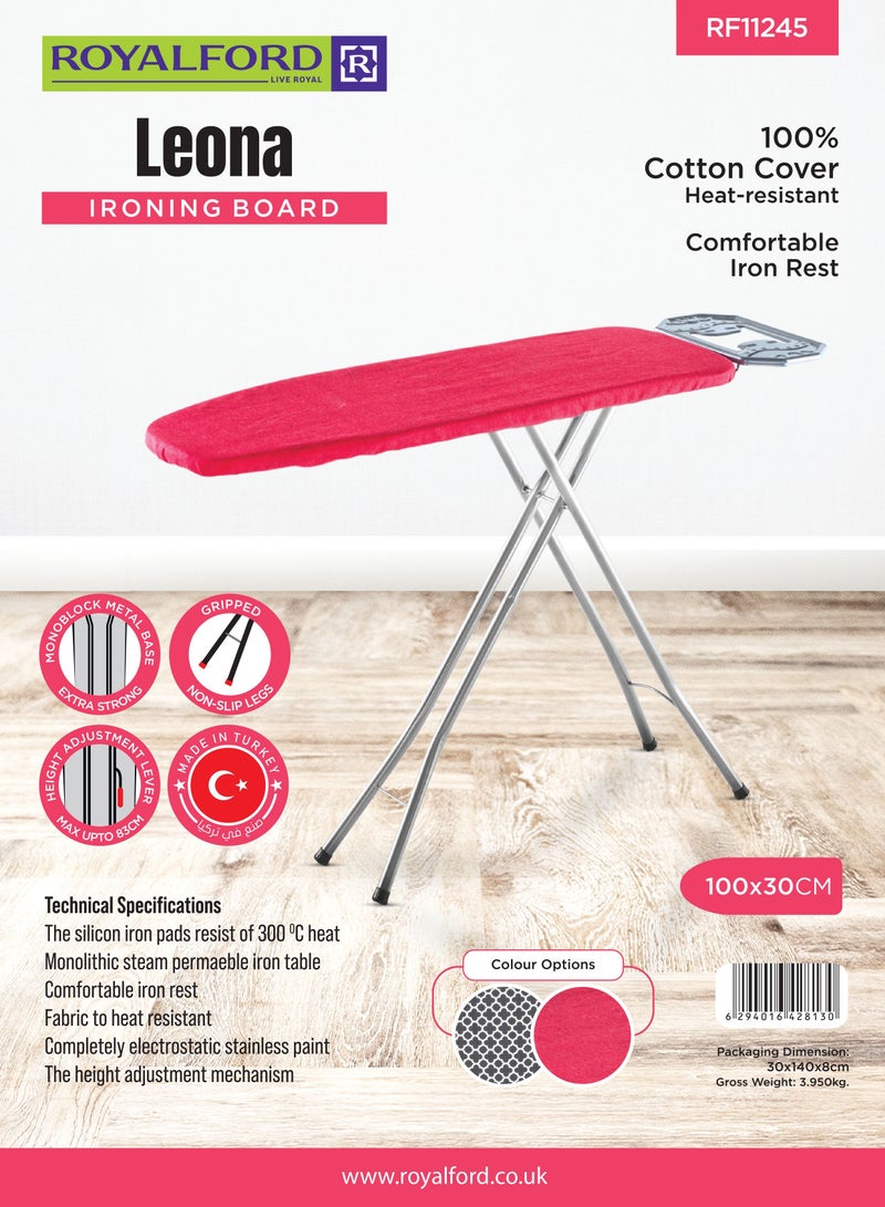Royalford Leona Ironing Board| RF11245|Iron Table with Adjustable Height Mechanism| Heat Resistant Cotton Cover| Monoblock Metal Base - Red