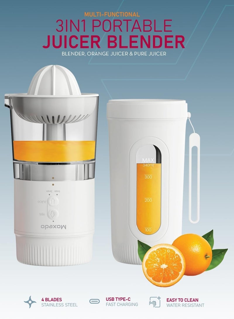 Moxedo 3 in 1 Portable Juicer Blender USB Rechargeable 4 Stainless Steel Blades BPA Free Material Mini Blender Smoothie Maker Lemon Orange Juicer