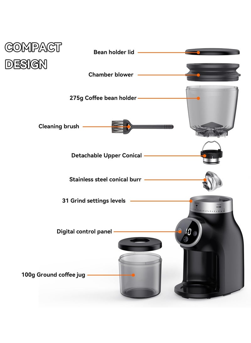 Electric Burr Coffee Grinder with Digital Control, Espresso Grinder with 31 Precise Settings for 1-10 Cups, Coffee Grinder Electric with Time Display, Black