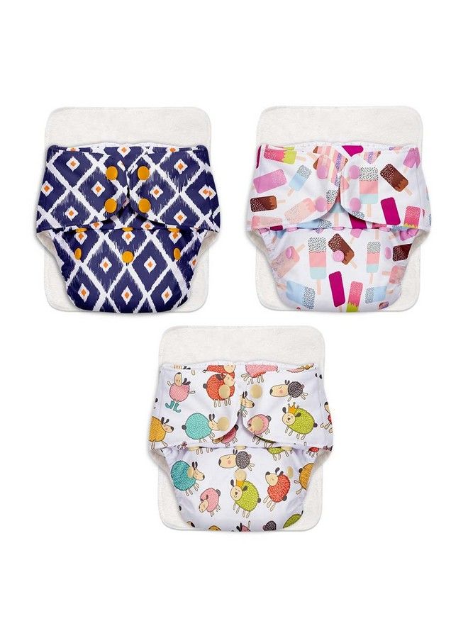 Basic Assorted Pack Of 3 Diapers With 3 Dry Feel Inserts Freesize Cloth Diapers ; Reusable Cloth Diapers For Babies Fits Babies From 0 3 Years 5 17Kgs ; Option 1