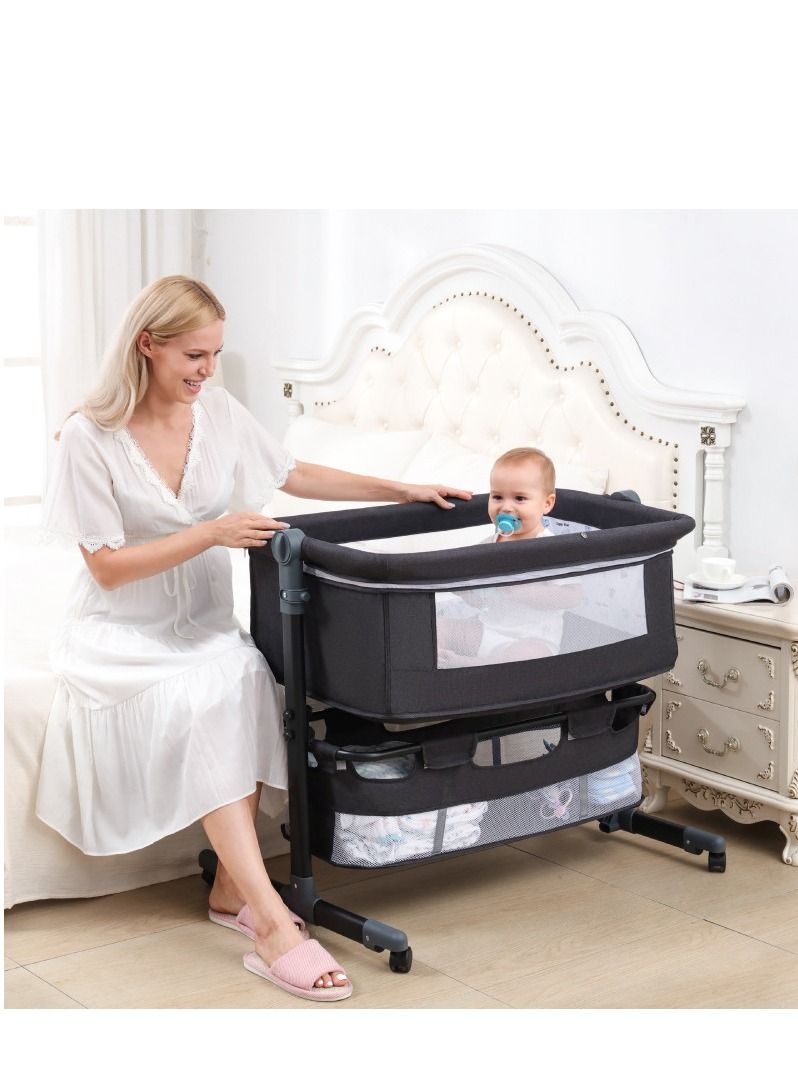 Baby Bassinet Bedside Sleeper Bedside Crib Easy Folding Portable Crib Travel Baby Bed with Adjustable Heigh Breathable Net and Grey Mattress