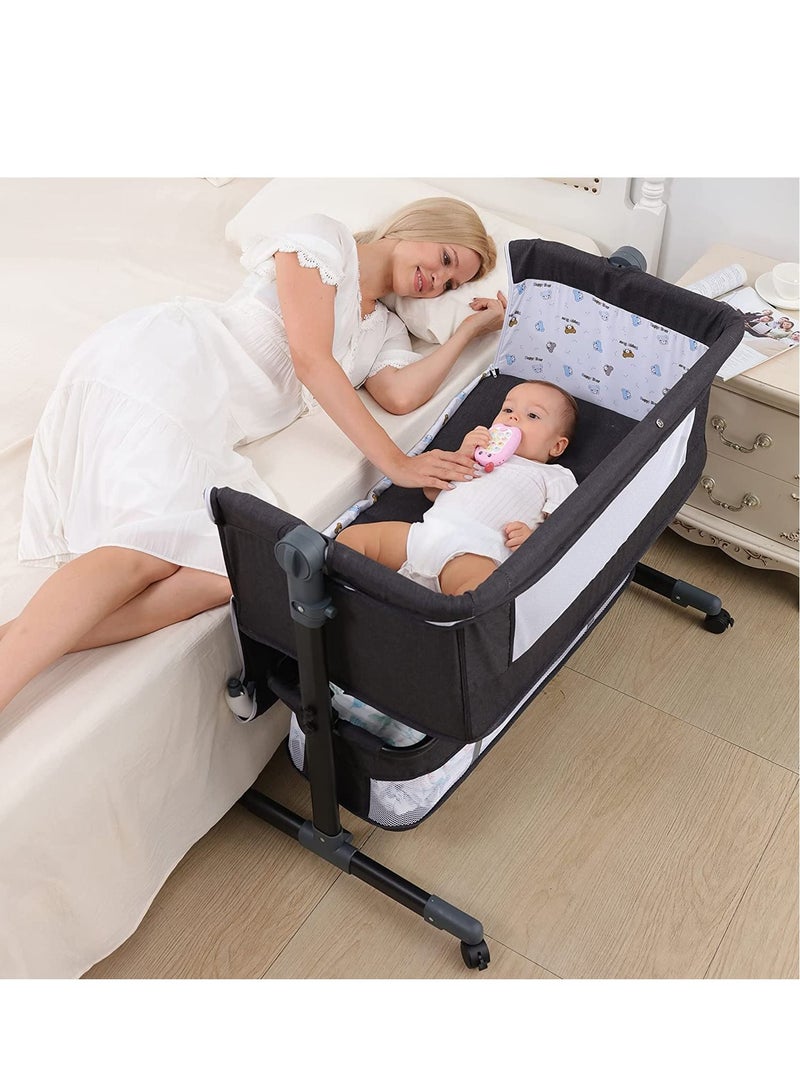 Baby Bassinet Bedside Sleeper Bedside Crib Easy Folding Portable Crib Travel Baby Bed with Adjustable Heigh Breathable Net and Grey Mattress