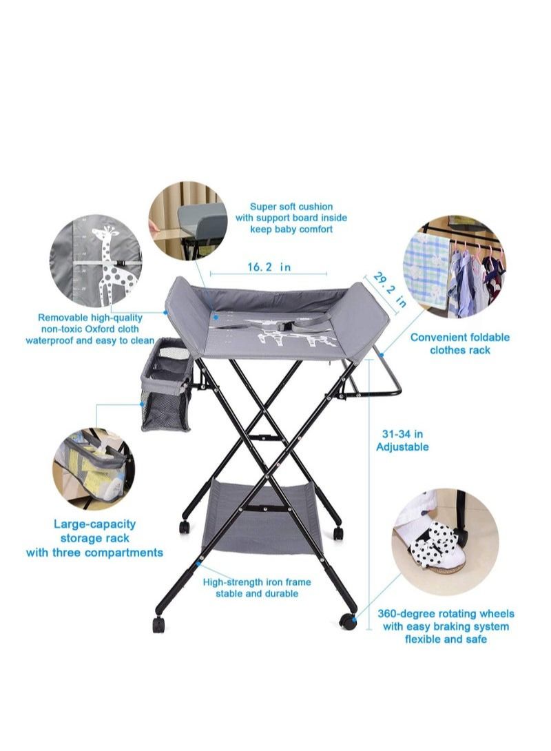 Portable Baby Changing Table with Wheels and Storage Rack and Bag, Multifunctional Newborn Dressing for Clothes Massage