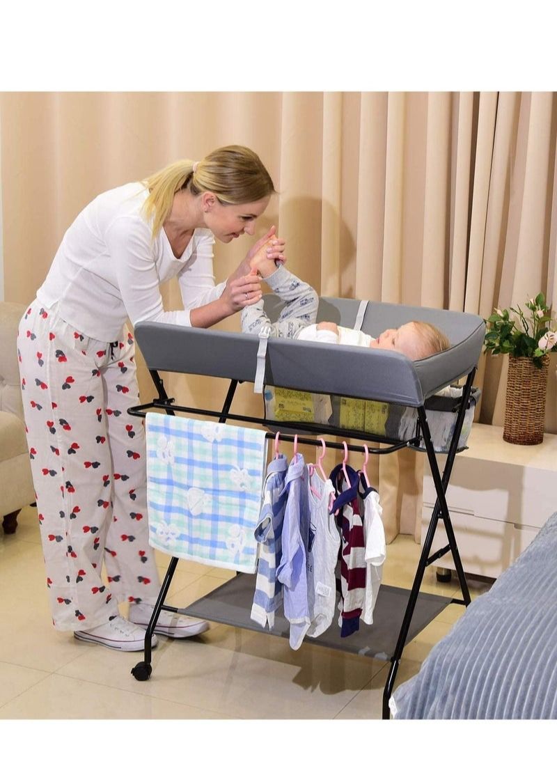 Portable Baby Changing Table with Wheels and Storage Rack and Bag, Multifunctional Newborn Dressing for Clothes Massage