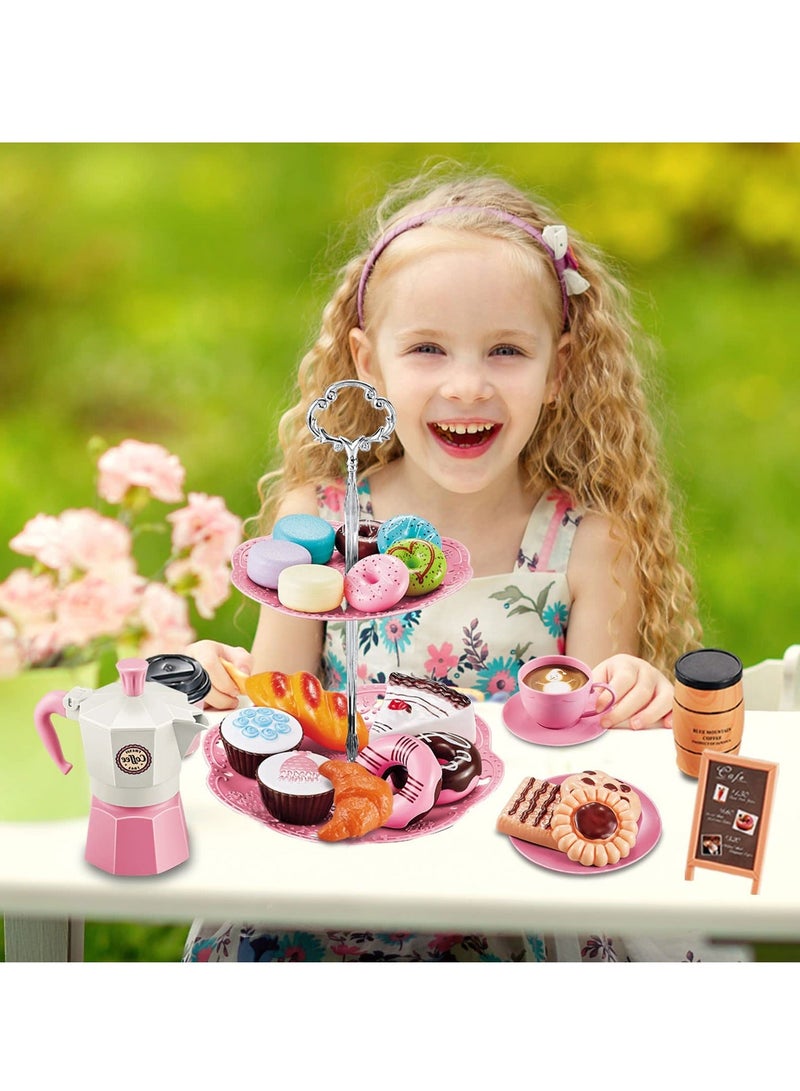 Tea Party Set for Little Girls, 38 PCS Pretend Including Coffee Maker and Play Food Dessert Set, Princess Time Toy, Kids Kitchen Girls Children Boys Age 3-9