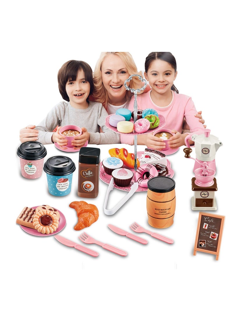 Tea Party Set for Little Girls, 38 PCS Pretend Including Coffee Maker and Play Food Dessert Set, Princess Time Toy, Kids Kitchen Girls Children Boys Age 3-9