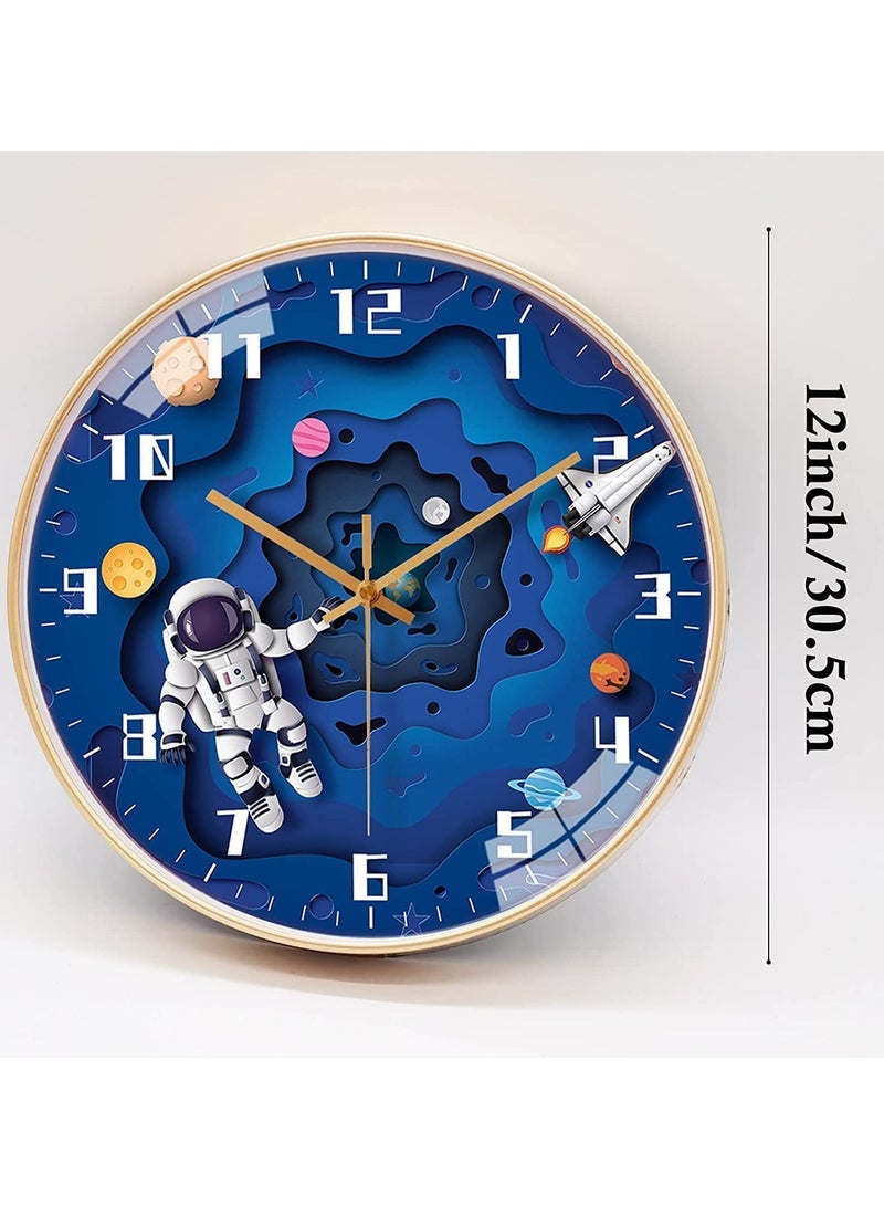 Kids Wall Clock 12 Inch Silent Movement Round Clock Battery Operated Space Travel Style Decor Children Clock For Boys (Blue)