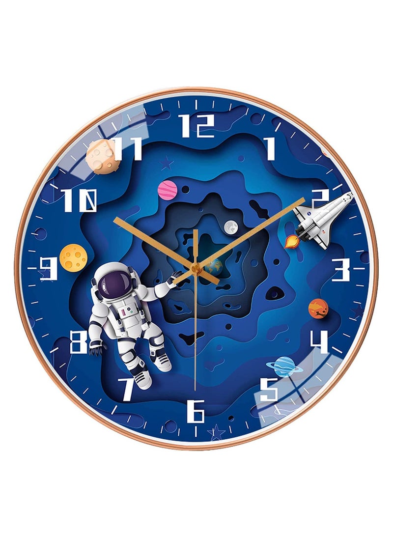 Kids Wall Clock 12 Inch Silent Movement Round Clock Battery Operated Space Travel Style Decor Children Clock For Boys (Blue)