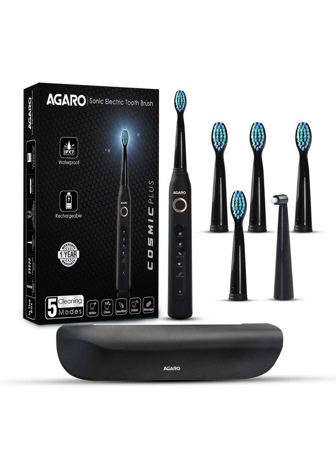 Cosmic Plus Sonic Electric Tooth Brush For Adults With 5 Modes 5 Brush Heads 1 Interdental Head Carry Case & Rechargeable With 4 Hours Charge Lasting Up To 25 Days Power Toothbrush (Black)