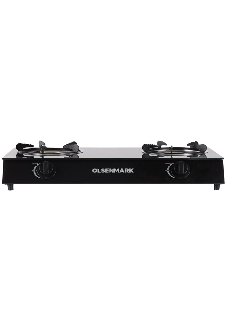 Gas Cooker, Tempered Glass Top Panel, Double Burner with Blue Flame, Stainless Steel Water Tray, Low Energy Consumption and Efficient, Auto Ignition System OMK7010Z BLACK