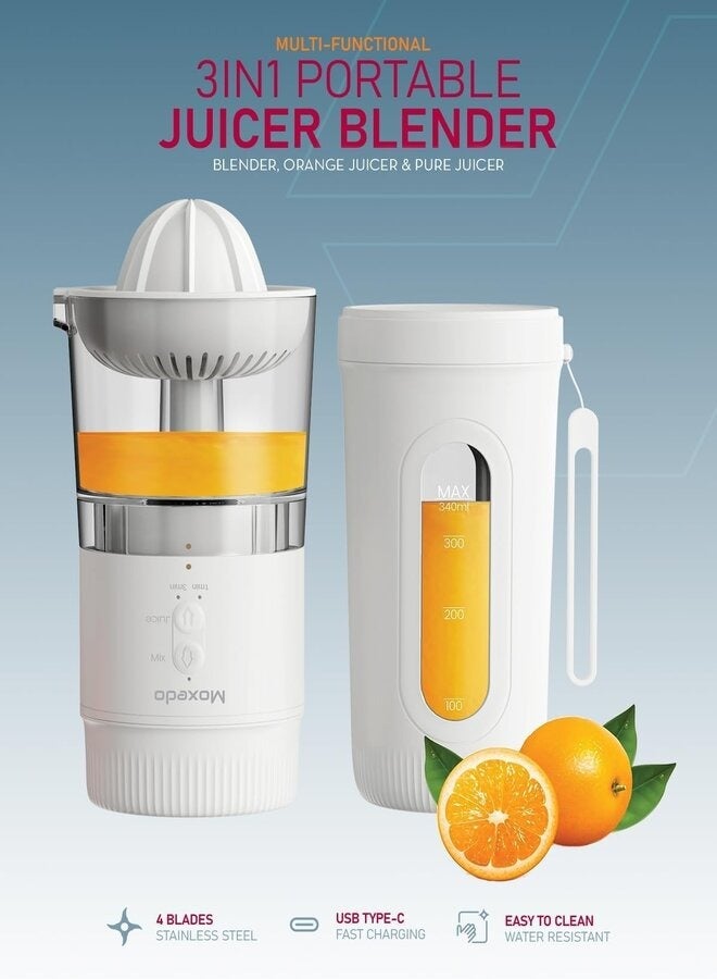 Moxedo 3 in 1 Portable Juicer Blender USB Rechargeable 4 Stainless Steel Blades BPA Free Material Mini Blender Smoothie Maker Lemon Orange Juicer