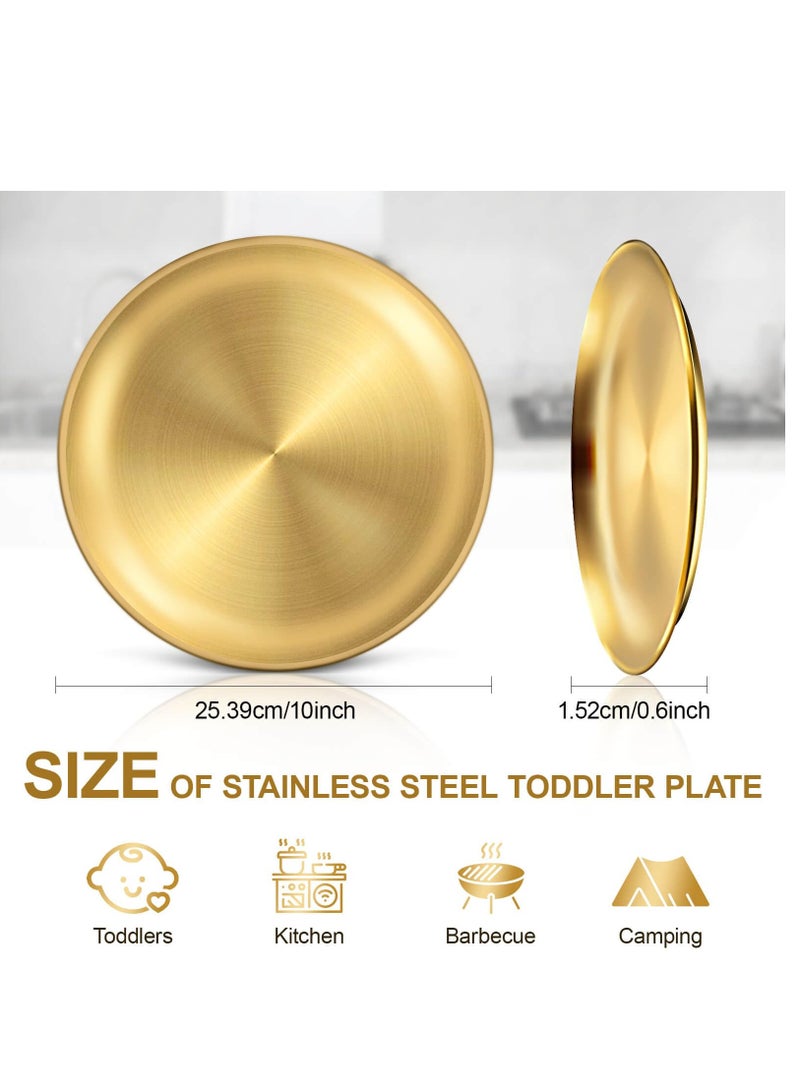 Reusable 304 Stainless Steel Plates, 10 Inch Metal Round Dinner Dishes Set, Large Reusable Gold Tray,Gold Dessert Salad Plates,Breakfast Serving Plates for Kitchen Home Camping Outdoor Party, 2 Pack