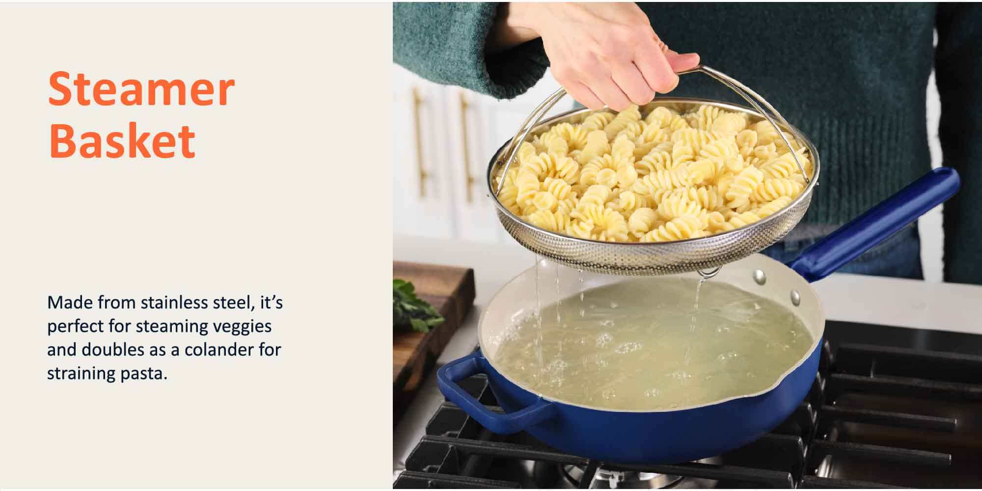 Cast Aluminum, w/Self-Basting Lid, Steamer Basket, Silicone Spatula, Ceramic Non-stick Coating, Oven Safe, Induction Safe, Designed in California, NC-OP126B, Blue