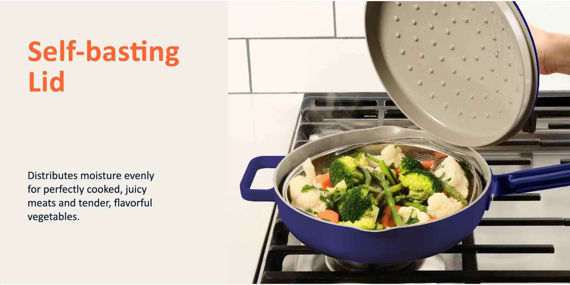 Cast Aluminum, w/Self-Basting Lid, Steamer Basket, Silicone Spatula, Ceramic Non-stick Coating, Oven Safe, Induction Safe, Designed in California, NC-OP126B, Blue