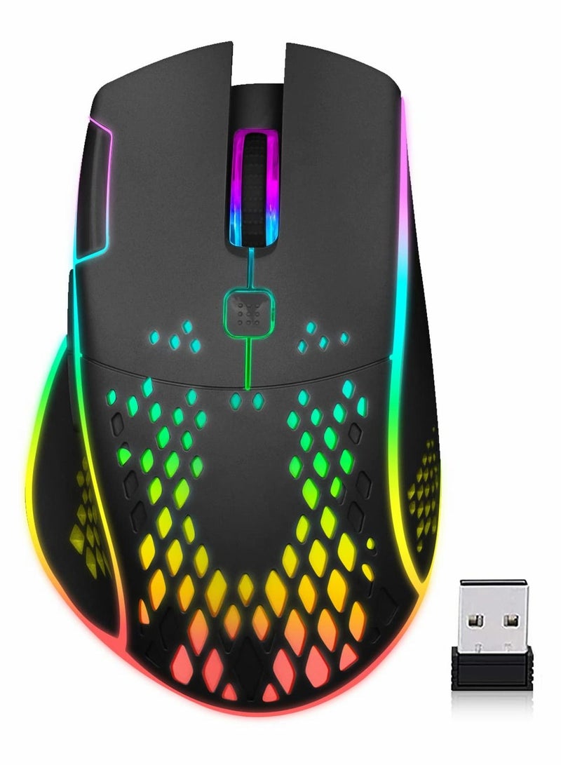 Wireless Gaming Mouse, Mouse Rechargeable Honeycomb with RGB Light USB Receiver Cable Adjustable DPI, Black