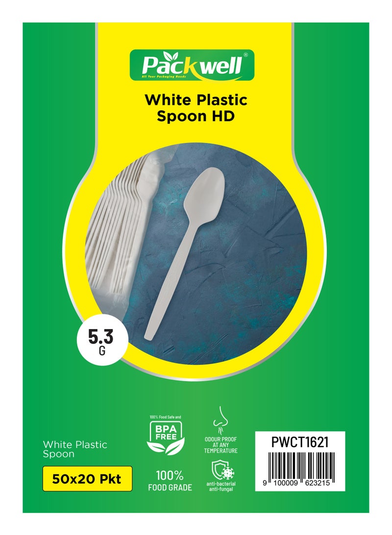 Plastic HD Spoon- PWCT1621 50x20 Packet, 5.3 Grams Each Premium Quality BPA-Free, Food grade and Hygienic Perfect for Parcels, Large Gatherings Takeout, Etc White