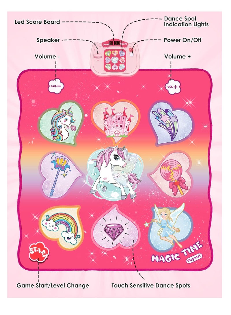 Unicorn Dance Mat Toys, Musical Play with 5 Game Modes& 8 Built-in Songs, LED Lights, Adjustable Volume, Suitable for 3 -6+ Year Old Girl Kid