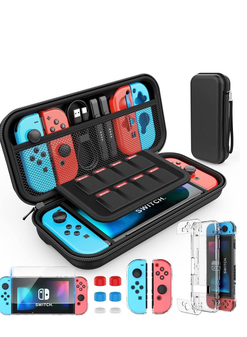 Switch Case Compatible with Nintendo 9 in 1 Accessories kit Carrying Case, Dockable Protective HD Screen Protector and 6pcs Thumb Grips Caps