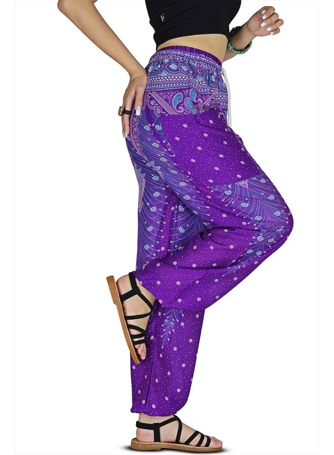 Harem Pants Womens Plus Bohemian Yoga Elephant Beach Casual Printed Drawstring Trousers (Peacock Violet 3XL)