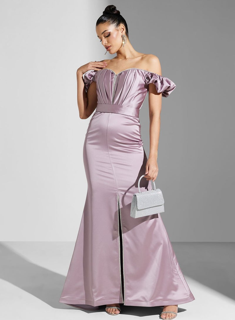 Bardot Balloon Sleeve Front Slit Dress