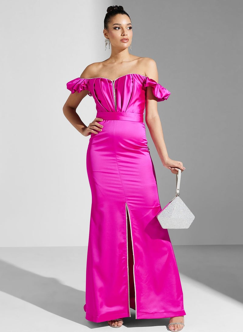 Bardot Balloon Sleeve Front Slit Dress