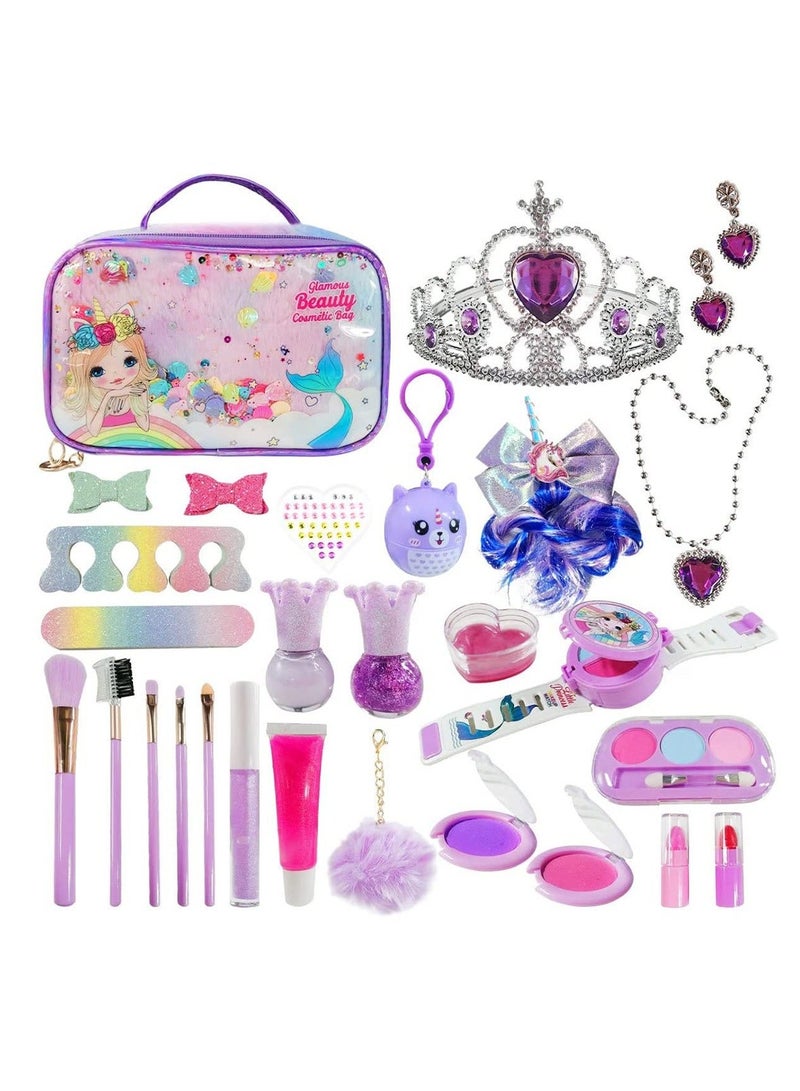 29 Pcs Kids Makeup Kit for Girls, Washable Set Toy with Real Cosmetic Case, Safe & Non Toxic Little Girl, Pretend Play Beauty Birthday Toys Gift 5+Years Old Kid