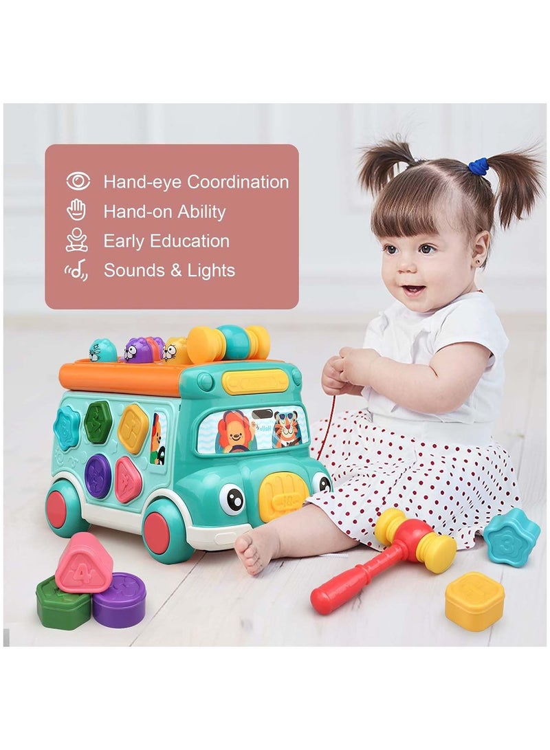 Cute Stone Push Pull Bus Toy, Baby Musical Learning Toys with Sound & Light, Whack-a-Mole Game, Shape Matching, Gear, Toy Clock, Activity Early Education Gift for Toddler Boys Girls