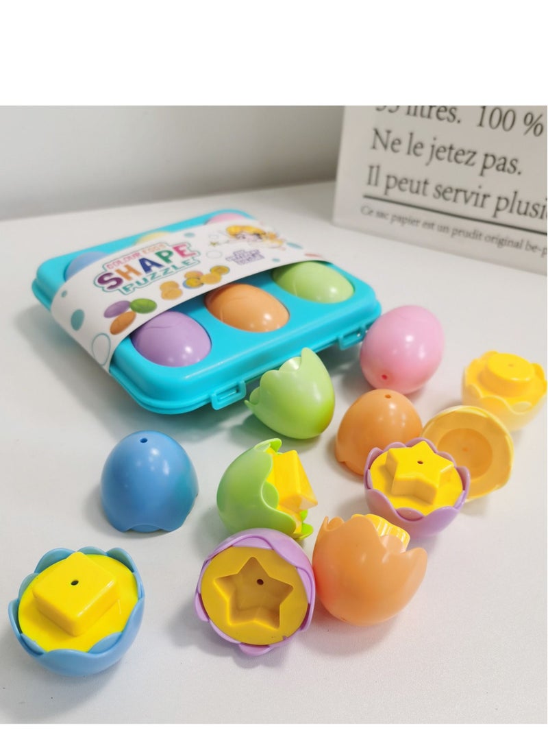 Color Shape Matching Eggs Set, Educational Toy with Blue Egg Holder, Early Learning Shapes Sorting Recognition Skills - Puzzle for Kid, Baby, Toddler, Boy, Girl, Birthday Gift (6 Eggs)