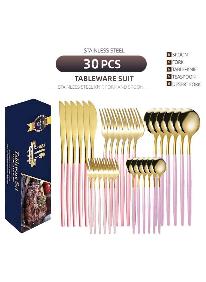 30-Piece Knife Fork Spoon Full Set Gold/Pink