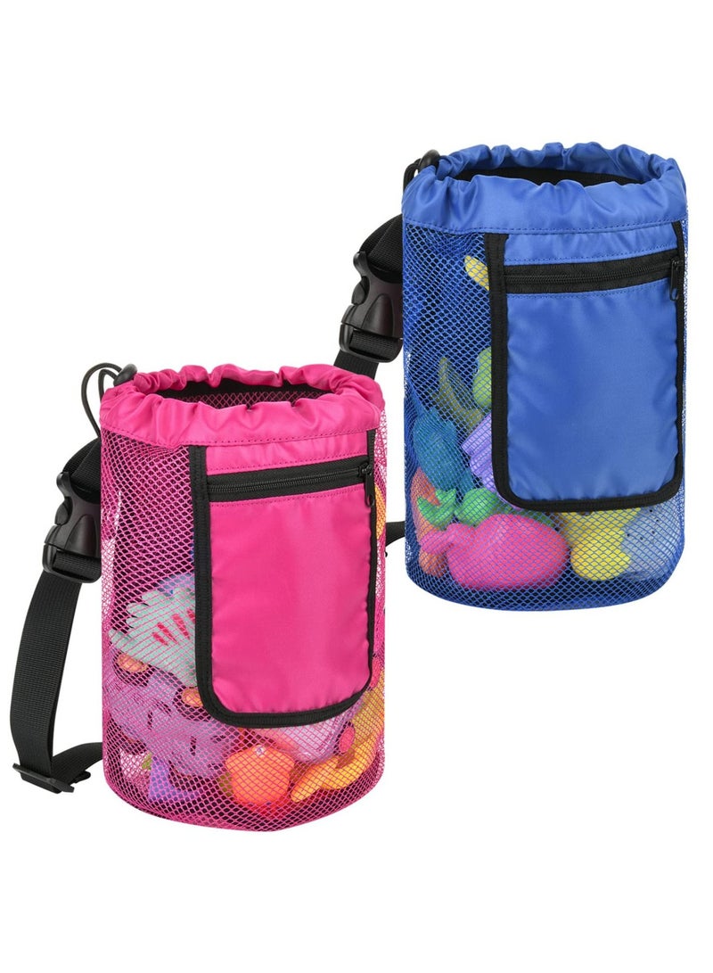 2 PCS Kids Shell Collecting Bag, Adjustable Colorful Net Beach Mesh Bag for Picking Up Shells, Toys Storage (Blue, Red)