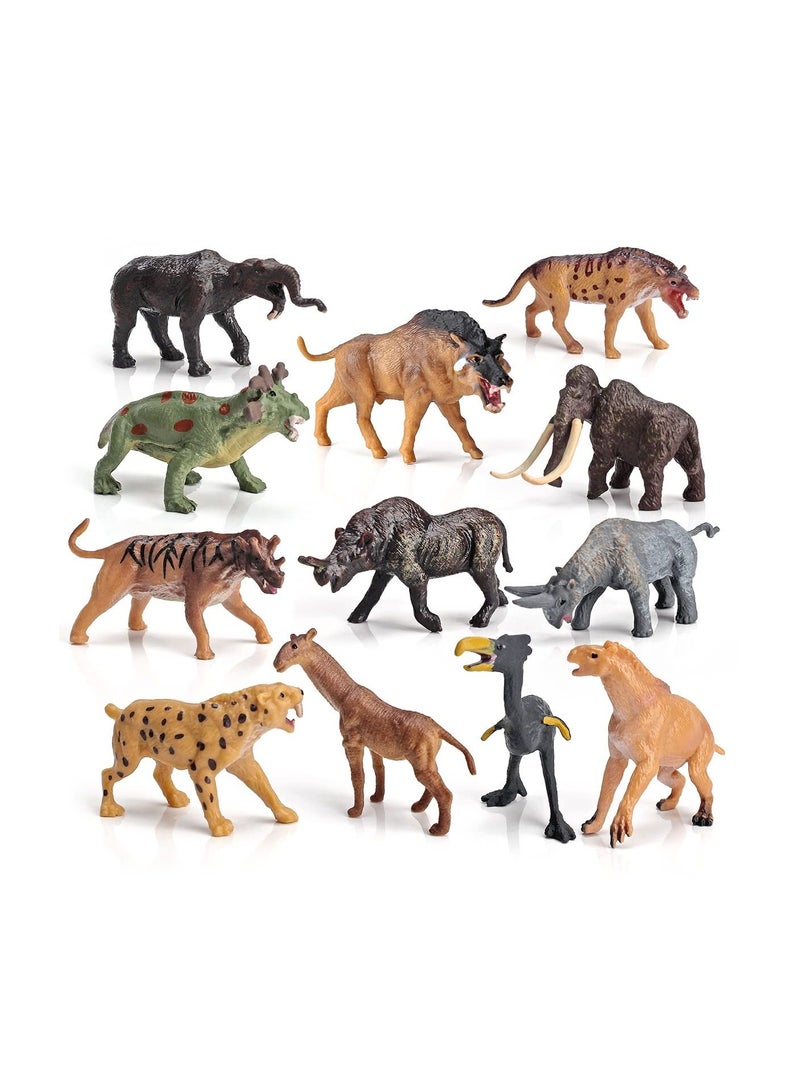 Wild Animals Figurines, Realistic Prehistoric Toy, Primitive Animal Model playset with Smilodon Woolly Mammoth Morpus Early Educational Cognitive Toys, Kids Birthday Gift (12PCS)