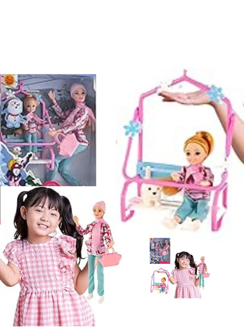 Doll Playing in the Snow - Ice Skating, Sledding Real Snow Fun Playset Pink ,Multi Colour