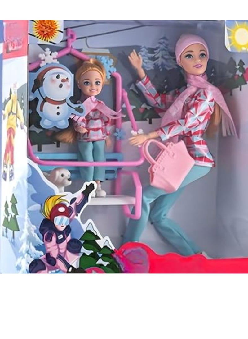 Doll Playing in the Snow - Ice Skating, Sledding Real Snow Fun Playset Pink ,Multi Colour