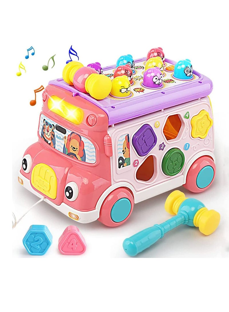Adorable Stone Push Pull Bus Toy, Baby Musical Learning Toys with Sound Light, Whack-a-Mole Game, Shape Matching, Gear, Toy Clock, Activity Early Education Gift for Toddler Boys Girls