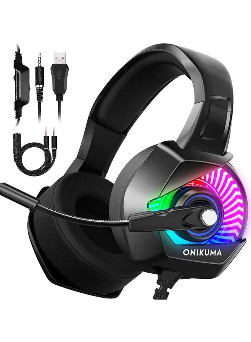Onikuma K6 RGB Gaming Headset Stereo Sound Noise Canceling, Soft Breathing Earmuffs, for PS4, PC, Xbox, Nintendo Switch - Black
