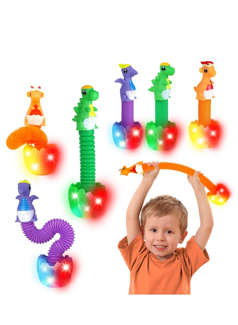 3 Pack Pop Tubes Fidget Toys Dinosaur Sensory with LED Light Up Glow Party Favors for Toddlers BIBI Sound Stress Relief Toy Girls Boys Kids Birthday Gift Supplies