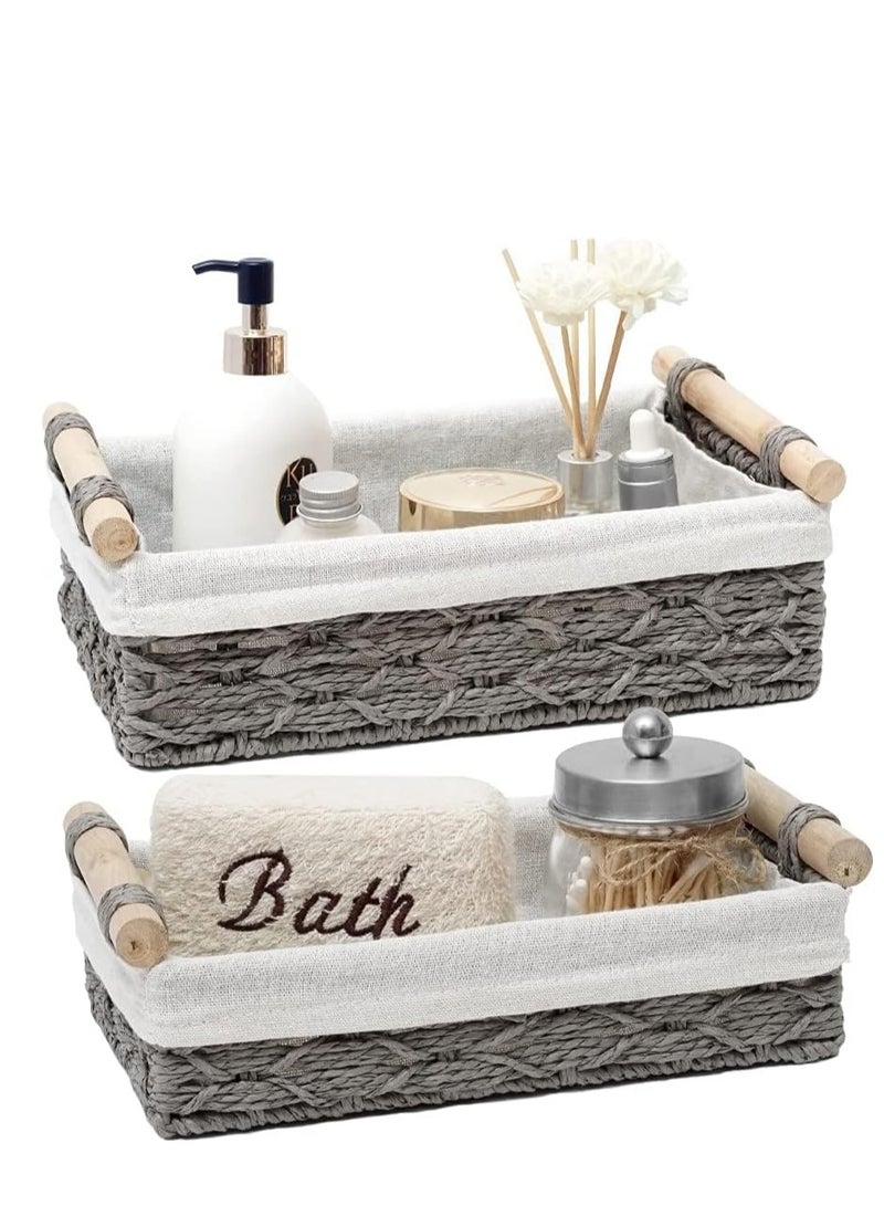 Small Wicker Baskets Set for Organizing with Handle Decorative Bins Countertop Toilet Paper Storage Basket Tank Top (Set of 2, Grey)