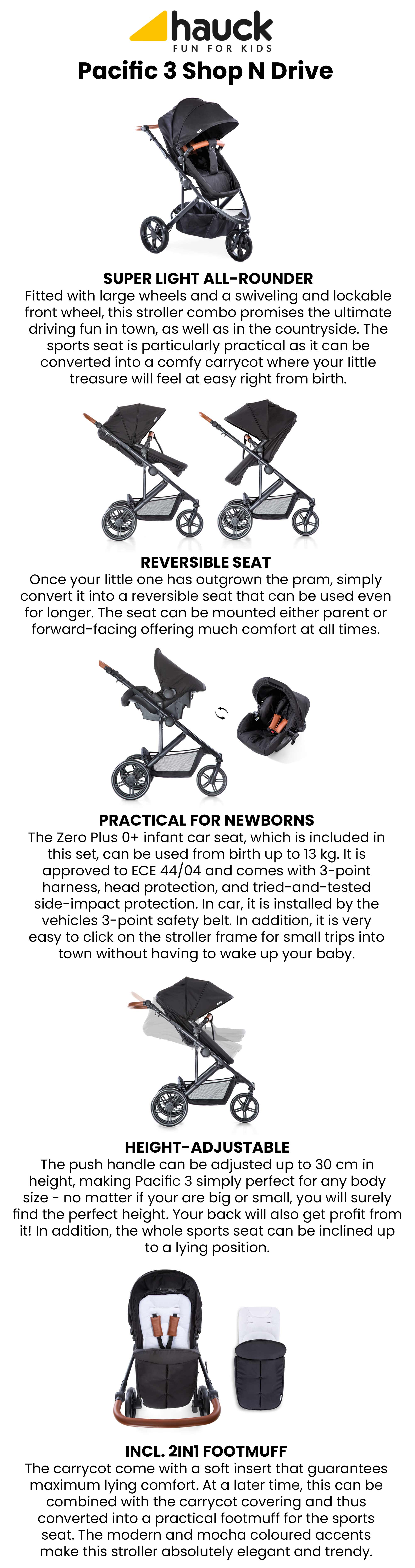 Hauck Pacific 3 Shop N Drive Travel System – 3-in-1 Baby Stroller with Car Seat, Carrycot & Reversible Stroller, Large Wheels, Suspension – Black