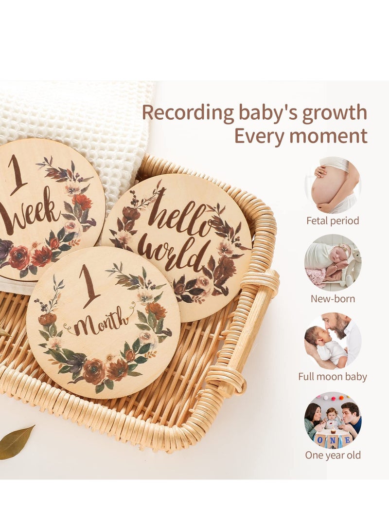 Baby Monthly Milestone 15 Pcs Milestone Numbers Props Wooden Newborn Welcome Discs Sign Baby Milestone Cards Weekly Monthly Growth Milestone Signs Baby Announcement Props for Boys Girls Photo Prop