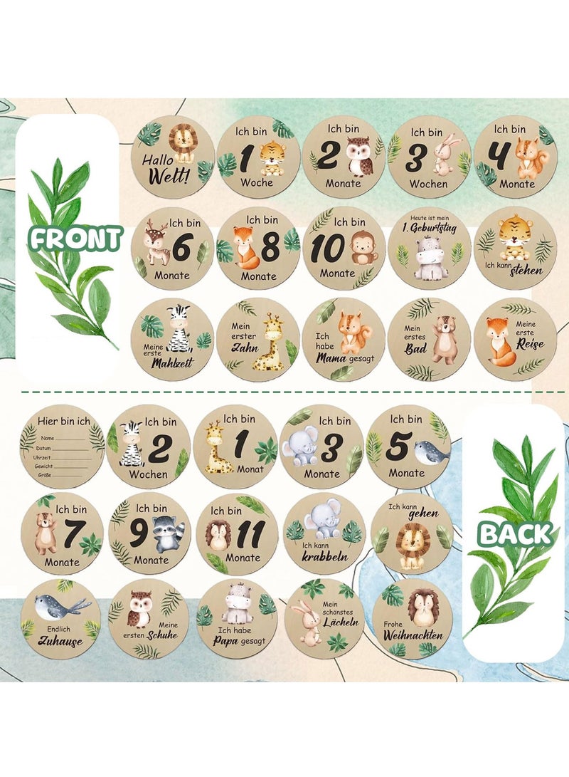 Monthly Milestone Photo Cards for Baby's First Year 15 Pcs Wooden Newborn Welcome Discs Sign Double Sided Photo Prop with Stand Exquisite Animal Pattern Pregnancy Journey Milestone Markers